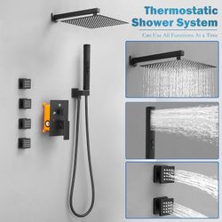 Rainfall Shower System with 4 Body Jets Wall Mounted 4 Mode Shower Faucet Set with 12 Inch Rain Shower Head and 2 in 1 Handheld Spray, Dark Black Bras