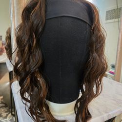 Headband wig dark brown with caramel (copper, reddish) highlights