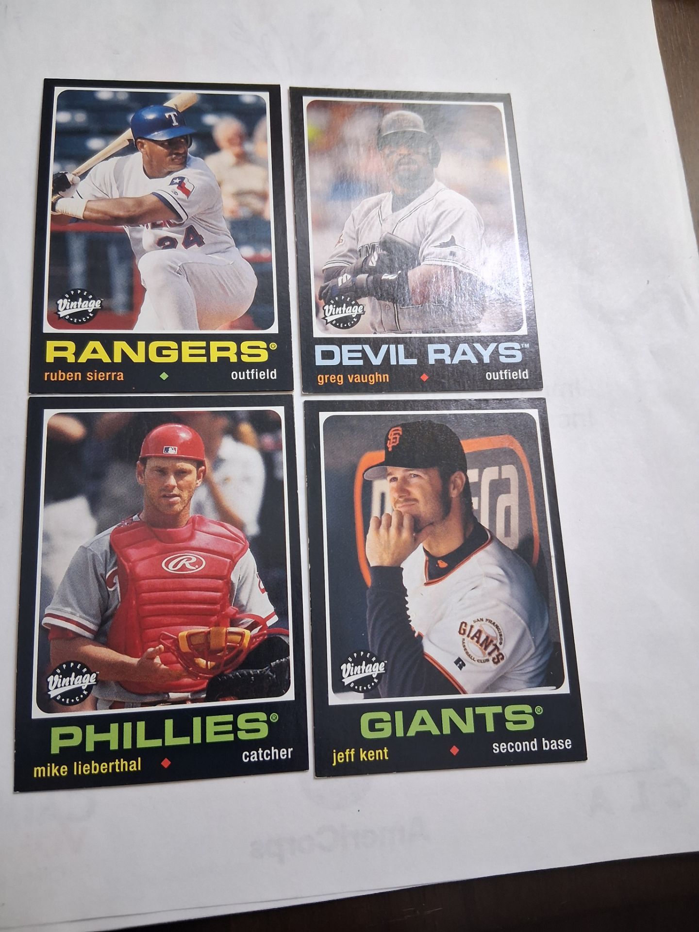 2002 Ruben Sierra, Greg Vaughn, Jeff Kent, Mike Lieberthal, Vintage Upper Deck Cards# 28, 64, 202, 237