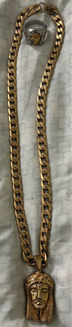 Gold Cuban Link Chain with Jesus Pendant