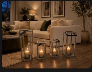 Wood and glass out door and indoor wooden lanterns set of 4 all new