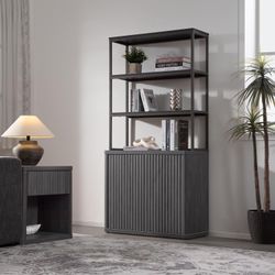 SICOTAS Book Shelf Fluted Bookshelf 71" Tall Bookcase with Doors Storage 5 Tier Mid Century Modern Bookshelves Large Shelves Metal Book Cases for Livi