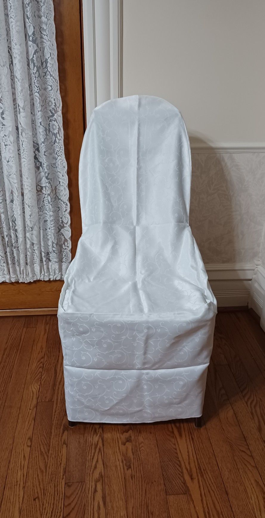 Chair Covers, White Patterned Satin , $3.50 Each, Six Total