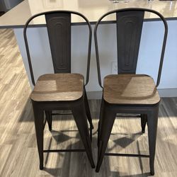 Counter-Height Metal Bar Stools with Wood Seats (Set of 2)