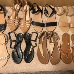8 Pairs Of Misc. Sandals, 5 Pairs are Size 9, Two Pairs Are Size 7 And One Pair Is Size 8, Mostly In Creams, Tans, & Black Colors