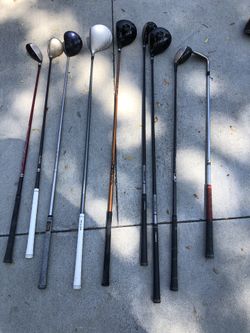 Golf clubs, wedges, drivers, putters, bags