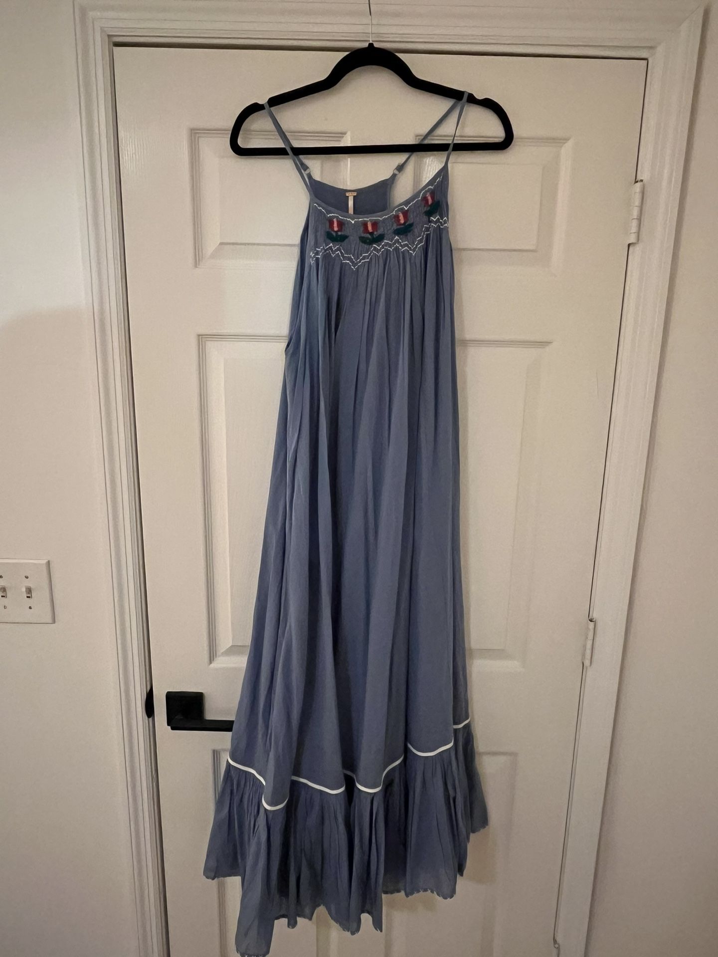 Free People Dusty Blue Dress with Floral Embroidery