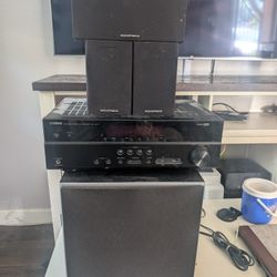 3.1 surround sound system, Yamaha receiver, Polkaudio sub, monoprice speakers
