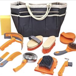 Horse Grooming Kit, Grooming Supplies Includes Horse Brushes and Handbag, Brush Set, Curry Comb, Hoof Pick, Sweat Scraper, Sponge Etc., Suitable Gifts
