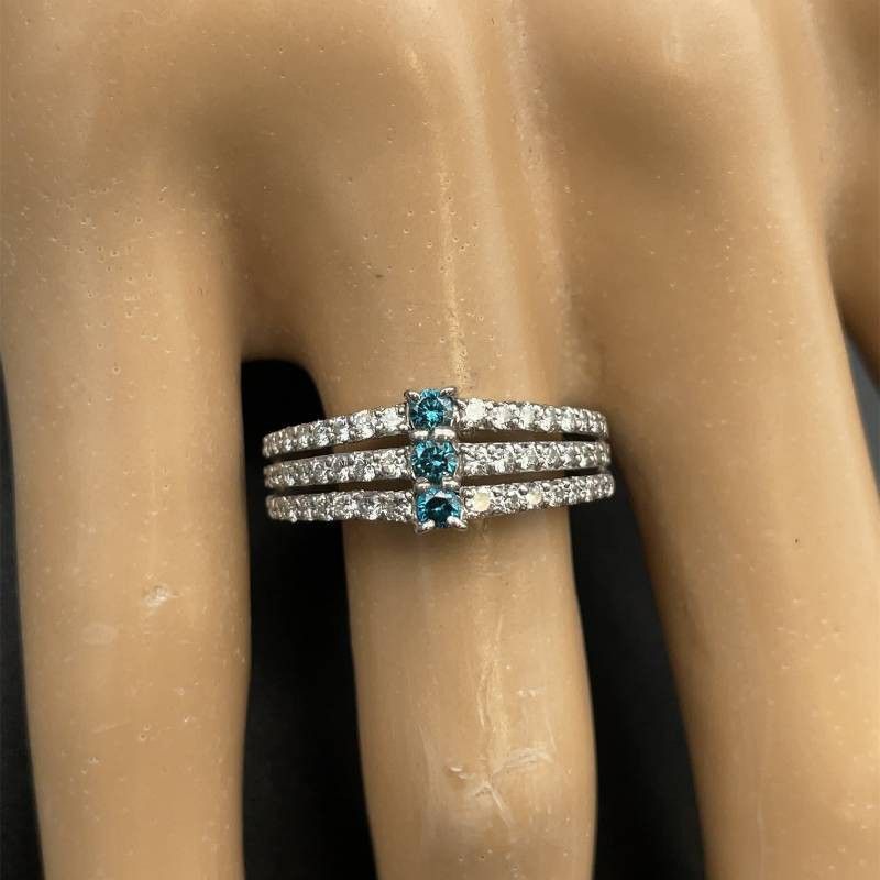 0.88 Ctw FANCY BLUE & WHITE DIAMOND THREE STONE MULTI ROW TRIPLE CHANNEL RING IN PLATINUM