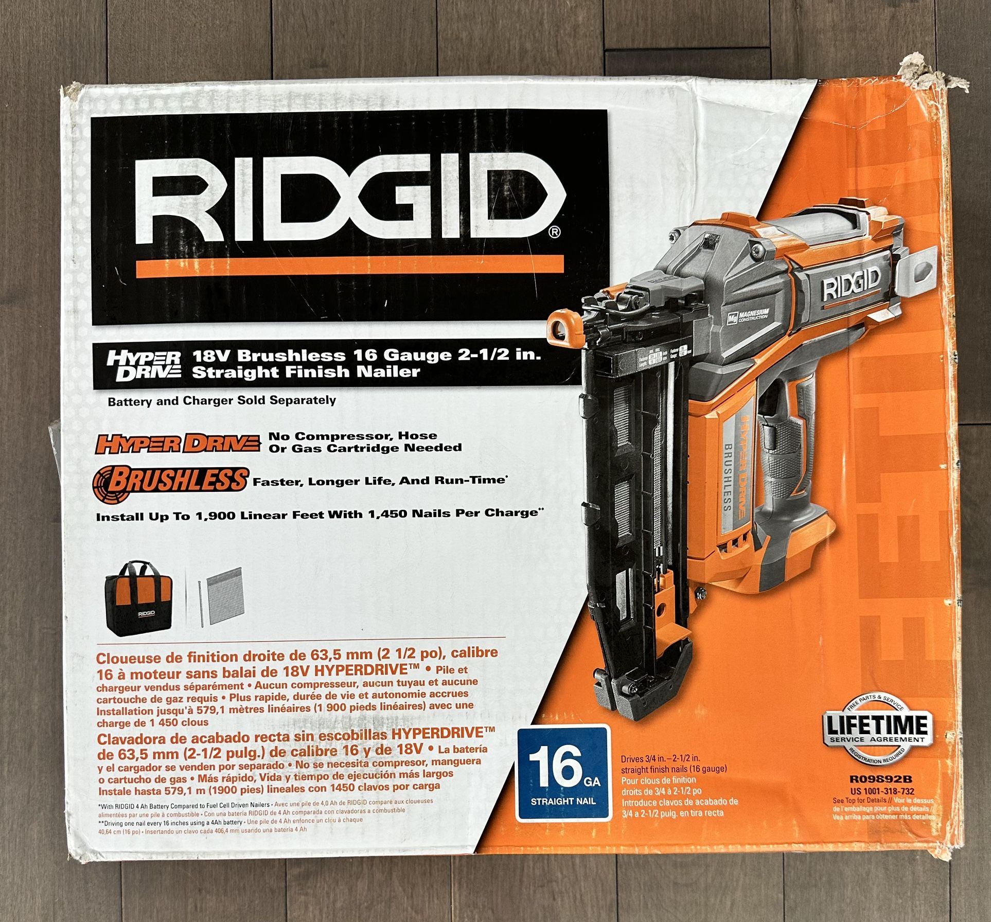 Brand New Ridgid 18V Brushless Cordless Hyper Drive 16GA 2-1/2 in Straight Finish Nailer (Tool Only)