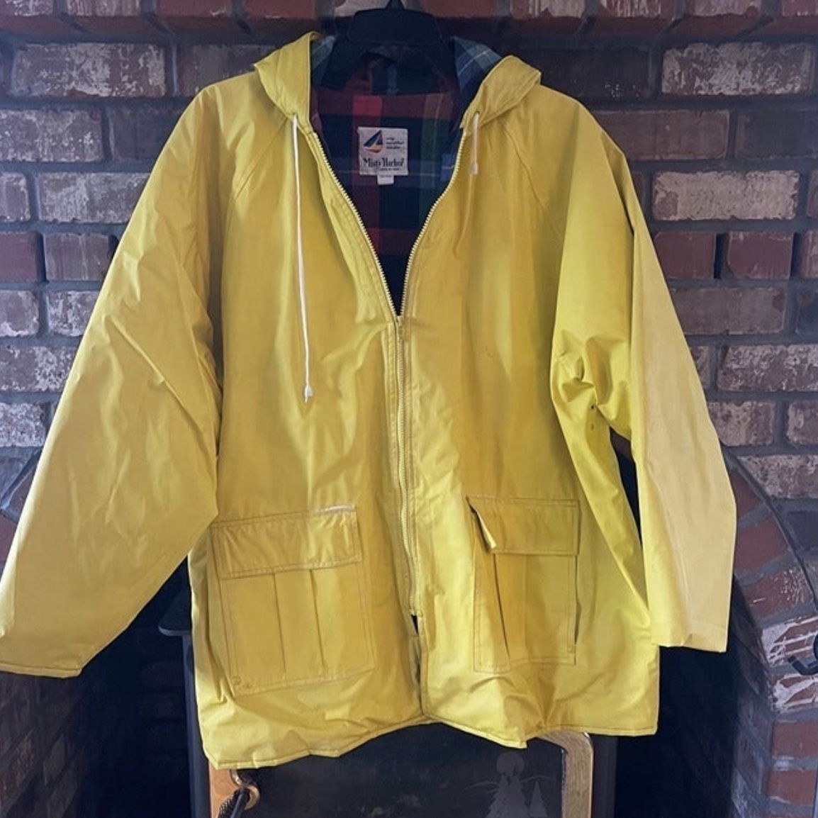 Misty Harbor Yellow Rain Coat Slicker Hooded w Pockets Plaid Liner Size L 24 2 for Sale in Estacada OR OfferUp