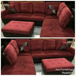 Brand New Red Microfiber Sectional With Storage Ottoman 