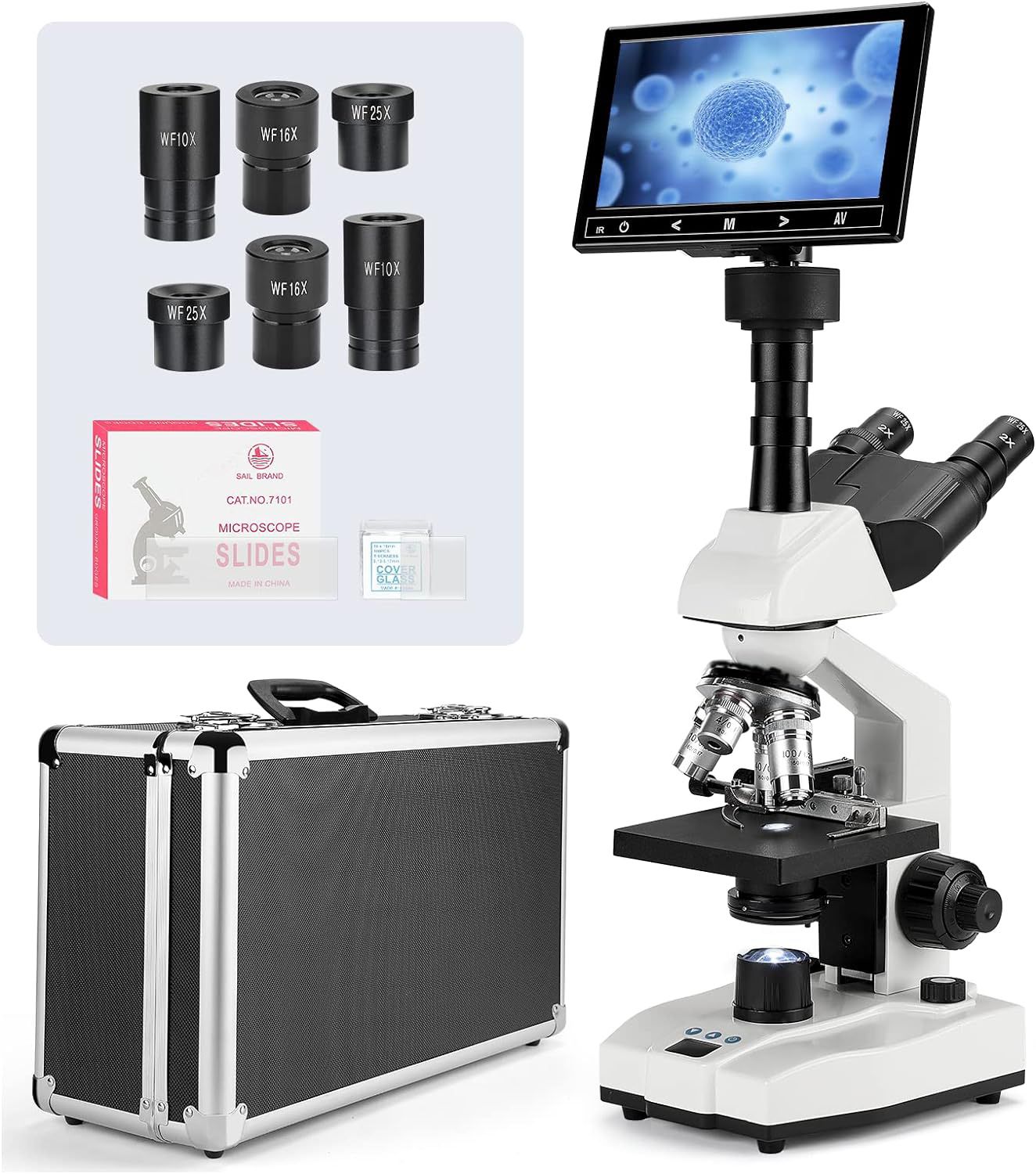 Vabiooth [Constant Temperature] Vabiooth Lab Trinocular Compound Microscope 40X-2500X Magnification with 7"| Monitor 5MP E-Eyepiece, Adjustable Thermo