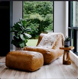 Tan Leather Chaise Lounge with Ottoman
