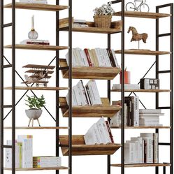 Bookcases and Bookshelves Triple Wide 5 Tiers Industrial Bookshelf, Large Etagere Bookshelf Open Record Player Shelves with Metal Frame for