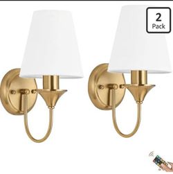 Brass Battery Wall Sconces Battery Operated Wall Lights Set of Two with Rechargeable Bulbs & Remote, Wireless Gold Battery Powered Wall Sconce, Cordle