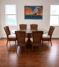 On Hold- Tommy Bahama Rattan Dining Set – Glass 72” x 42” Table + 6 Chairs