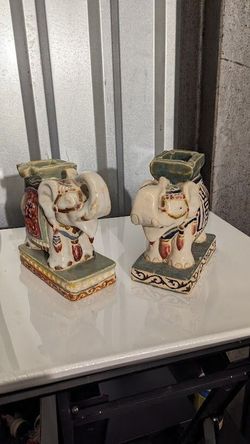 Vintage Handmade Painted Ceramic Elephants Statue 10 Inch Used