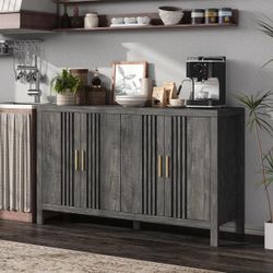 55" Sideboard Buffet Cabinet, Farmhouse Storage Buffet Cabinet With 4 Fence Doors & Gold Handle, Grey Oak