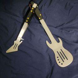 Rock Guitar Style Heavy Duty Stainless Steel 2-Piece Barbecue Tool Set - Spatula & Tongs with Wooden Handle