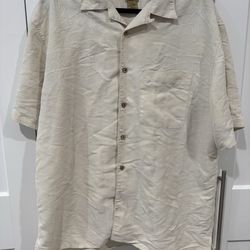 Jos. A. Bank Men's Short Sleeve Button-Up Shirt, Size L, Ivory, Palm Tree Design