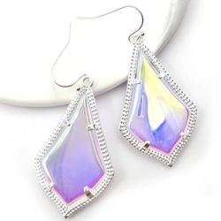 14k white Gold plated Silver Iridescent Crystal Teardrop Dangle earrings 