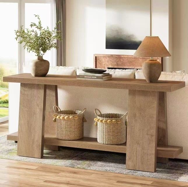 RY0257 70.9-Inch Long Console Table, 2-Tier Narrow Sofa Table Behind The Couch for Living Room, Entryway, Hallway (Natural)