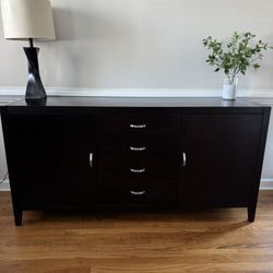 Dark Wood Console Cabinet with Shelves and Drawers 