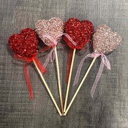 New Pack of 4 Red & Pink Glitter Heart Pick Valentine’s Day Decorations