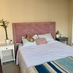 Rose pink queen bed frame - Knobel Upholstered Wingback Bed