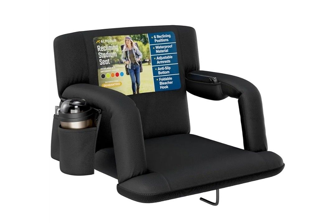 New Reclining Stadium Seat – Wide Bleacher Chair with Back Support and Cushion, Armrests, Side Pockets, and Bleachers Hook – Best Stadium Seats Chairs