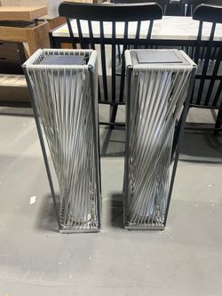 New - Set of 2 Outdoor Lights Solar Floor Lamp Resin Wicker Weave Waterproof Outside Deck Light for Porch, Yard, Garden, Lawn Decor，Gray