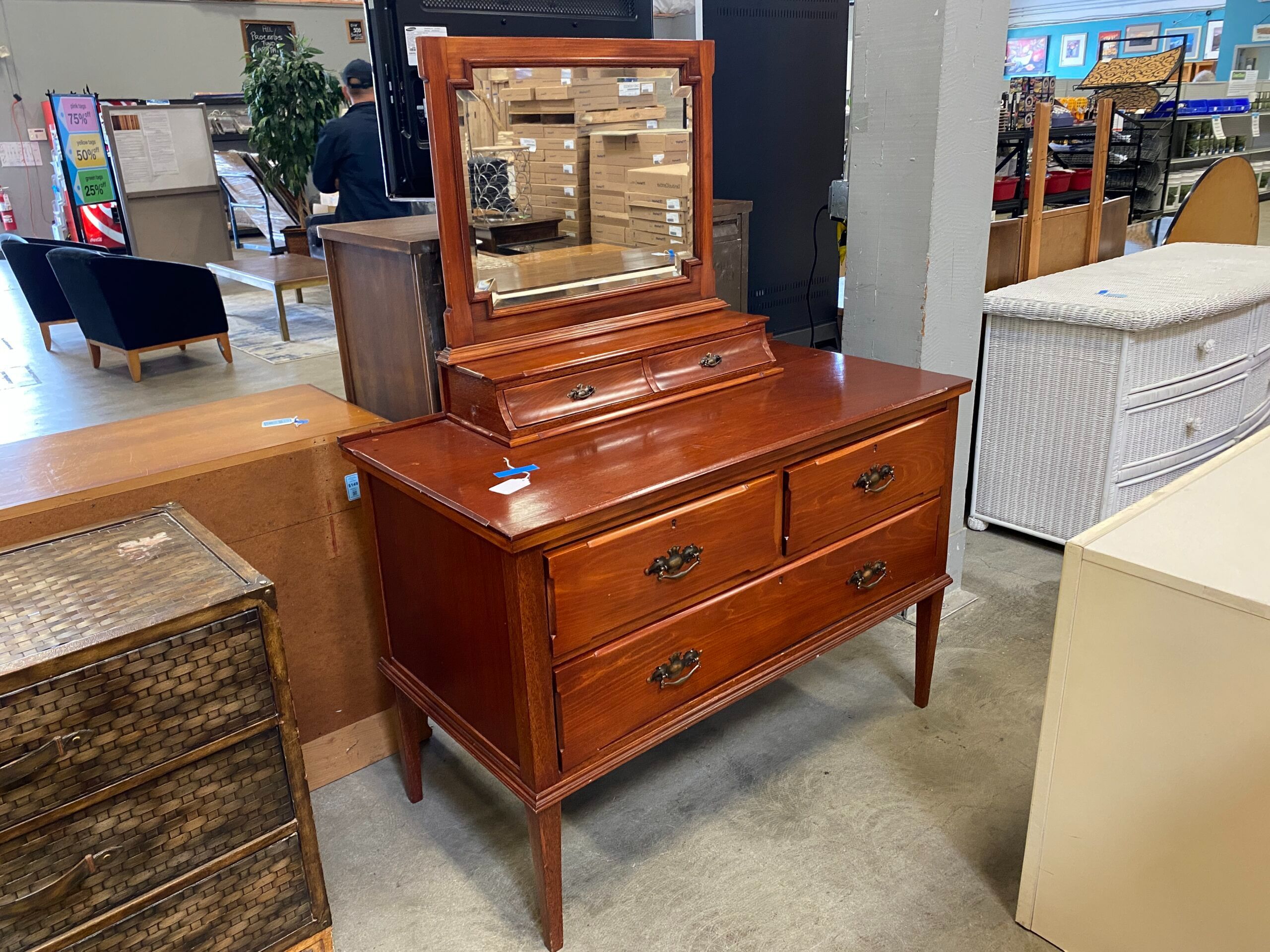 Red Mahogany 5 Drawer Dresser with Mirror