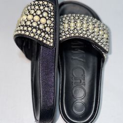 Size 36 Women’s Jimmy Choo Fitz Slide Sandals Flip Flops Pearl Black