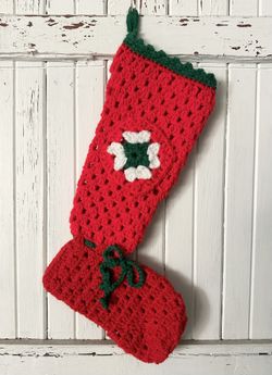 Vintage handmade crocheted red granny square patch Christmas stocking  15” long. Loop for Hanging 