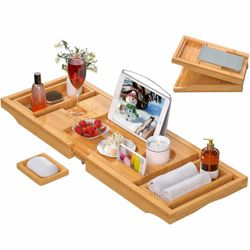 Bamboo Bathtub Caddy Tray Expandable for Luxury Bath, & Table ,Natural
