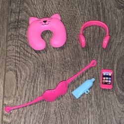 Lot of Barbie Doll Travel Accessories—Cell Phone, Neck Pillow, Face Mask, Headset, & Toothpaste