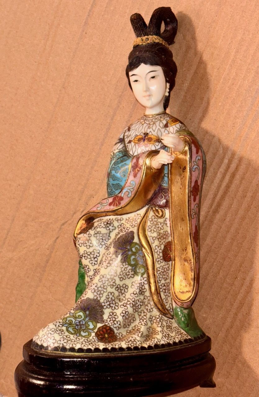 Vintage Chinese Cloisonné Figure / Statue of Seated Woman 11.5"