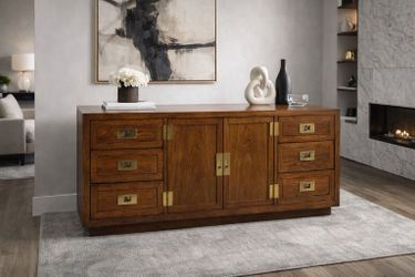 Vintage Henredon Campaign‑Style Credenza — Solid Wood & Brass Hardware MCM