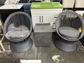 [Set of 3 26.7" Modern Silver Grey Wicker Lounge Chair with PE Rattan and Iron Frame, Featuring a Stylish Round Design, Perfect for Living Room, Patio