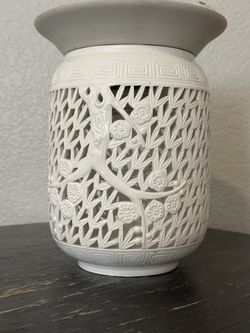 Vintage Chinoiserie White Ceramic Reticulated Flush Mount / Pendant Light