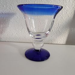 Hand-Blown Clear Glass With Cobalt Blue Rim And Base