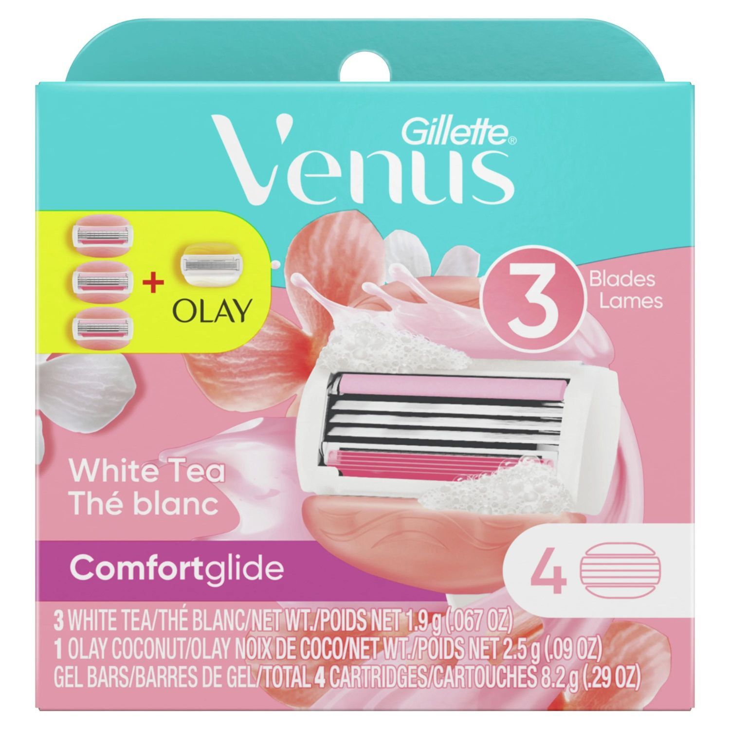 Gillette Venus ComfortGlide Refill Cartridges for Women, White Tea + Olay Smooth Shave Gel Bar (Pack of 4)