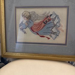 Handmade Cross Stitch Angel Framed Wall Art – Vintage Needlepoint Embroidery Decor