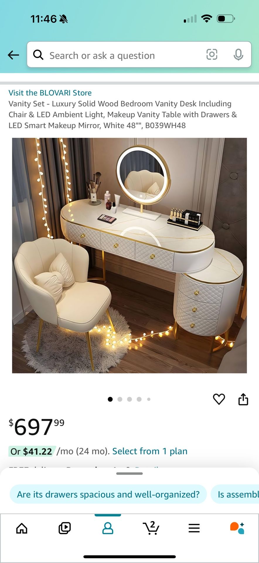 Luxury Vanity Desk, Chair , LED Ambient Light And Mirror