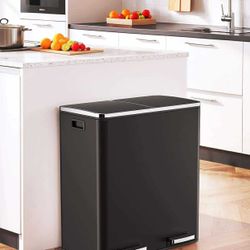 60L(16 Gal) Dual Trash Can, Stainless Steel Kitchen Garbage Can, Double Compartment Classified Rubbish Bin, Recycle Dustbin w/Plastic Inner Buckets, S