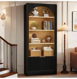 New assembled RR0023 71 in. Tall Black and Oak Particle Board 5-Shelf Arched Bookcase with Storage Cabinet and Doors