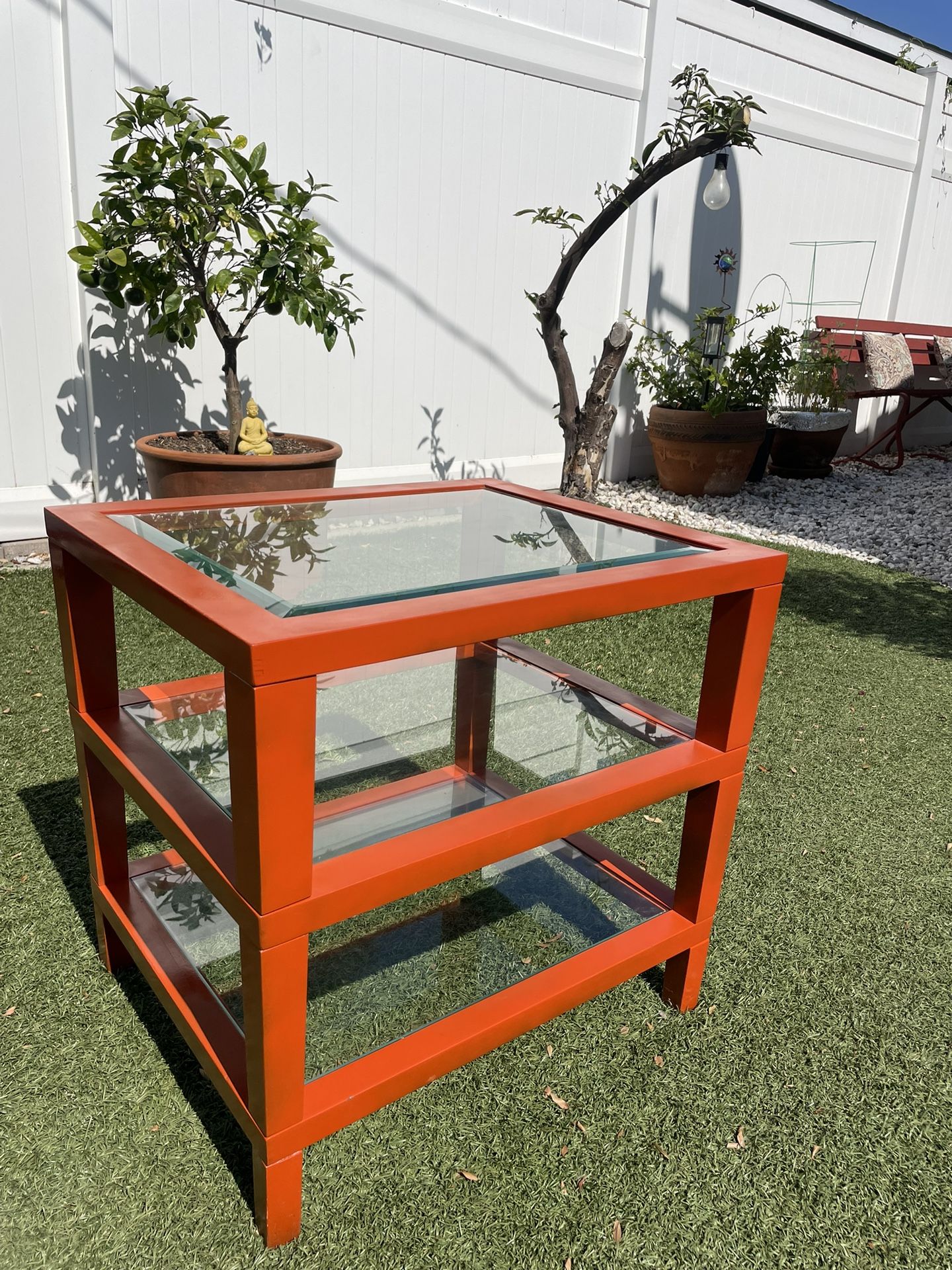 Orange Side Table with Glass Top and Shelves