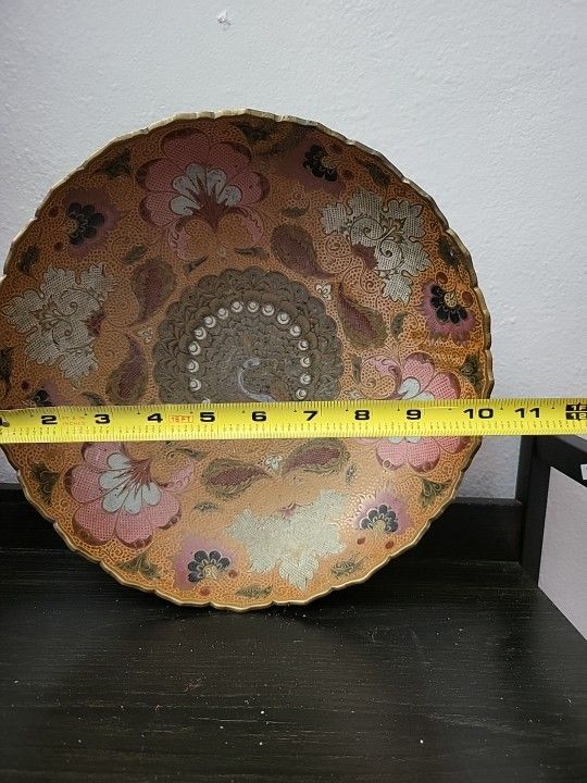 Vintage Brass Bowl W/ Peacock And Floral Embellishments Pre Owned